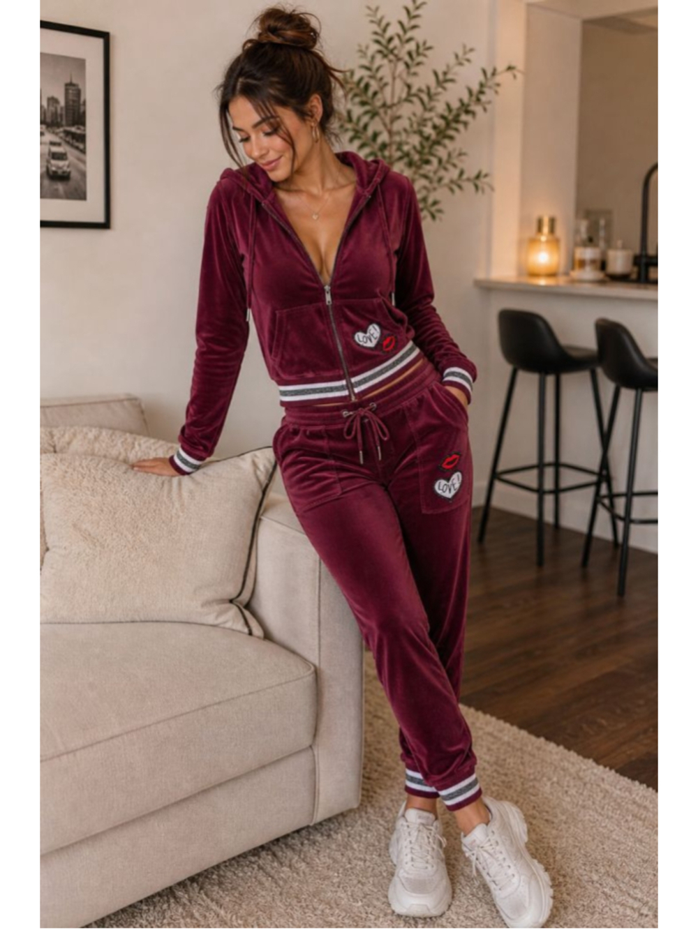Betsey Johnson Velour Tracksuit Set Small Burgundy Y2K Zip Hoodie Joggers Cozy